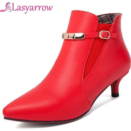 Lasyarrow Wedding Shoes Concise Elastic Band Slip-on Ladies Ankle Boots Middle Heels Pointed Toe Fashion Short Boots Women J91