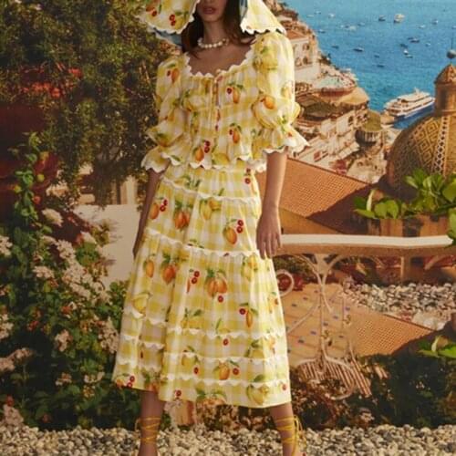 2021 new summer womens skirt suit, square neck printed chiffon top, mid-length high waist skirt