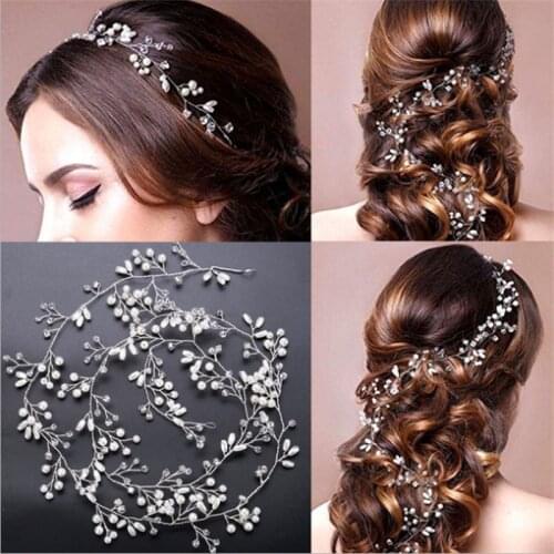 35cm Bridal Wedding Crystal bride hair accessories Pearl Flower headband Handmade hairband Beads Decoration Hair Comb For Women