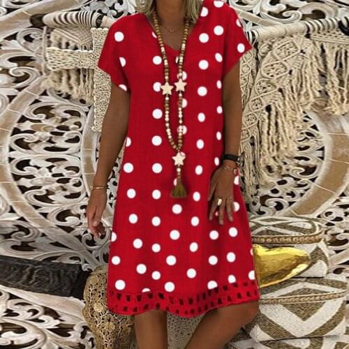 2021 Fashion Summer Sundress Dress Women Loose Dot Printed Bohemian Dress Ladies Casual V Neck Loose Womens Dress