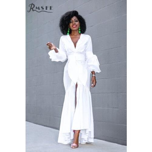 RMSFE 2021 European And American Womens Long Sleeve Deep V-Neck Temperament Sexy Pile Sleeve Solid Color Dress