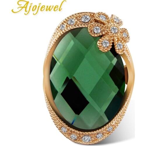 Ajojewel Green/Grey/Champagne Flower Big Crystal Rings For Women Size 7-9 Bijoux Costume Jewelry Gifts