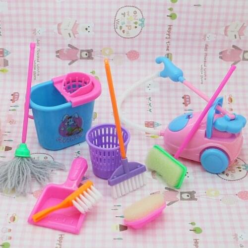 Mini Doll Accessories Mini Broom Mop Trash Can Household Cleaning Tools For Doll house Kids Educational Toy 9pcs /set