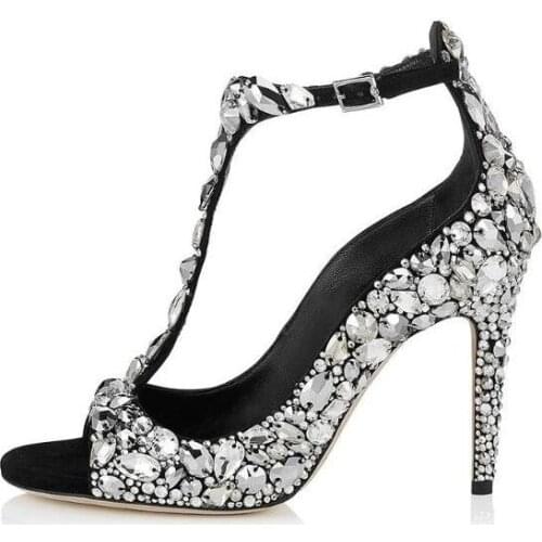 Black Crystal Embellished Wedding Shoes Bride Pointed Toe Stiletto High Heel Sandals T-bar Strap Cover Heel Buckle Strap Pumps