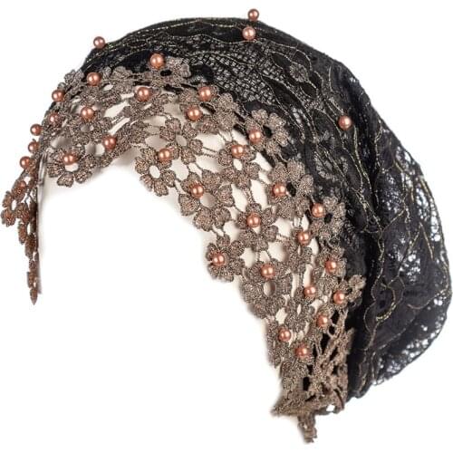 Women Muslim Mesh Stretch Hijab Turban Cap Embroidery Floral Lace Beanie Headwrap Faux Pearl Beaded Bonnet Chemo Hat 094B