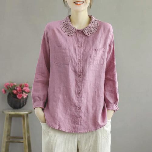 Cotton Women Shirt Big Size Lace Pockets Loose Long Sleeve 2021 Autumn Spring Thin Vintage Mori Gril Fashion Women Tops