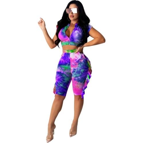 Tie Dye Ruffle Two Piece Set Zipper V Neck Petal Sleeve Crop Top+ Knee Length Pants Fitness Shorts Fashion Casual Tracksuit