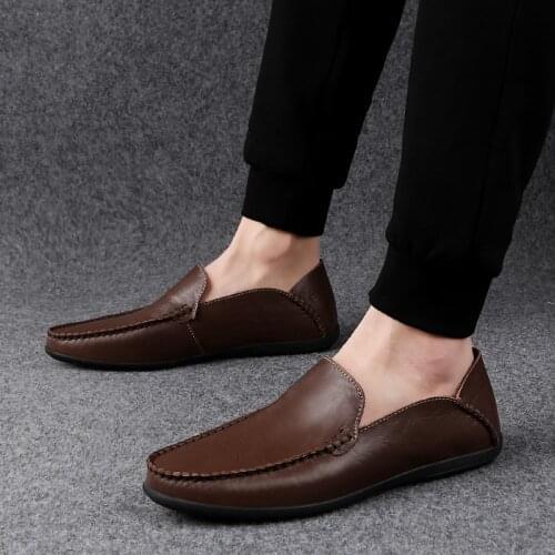 Mens Handmade Leather Loafers Shoes Vintage Hand Stitching Casual Breathable Slip on Flat Driving Shoes Big Size 45 46