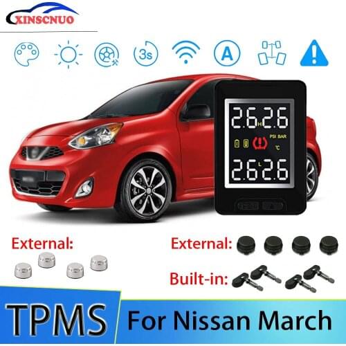 Smart Car TPMS Tire Pressure Monitor System For Nissan March With 4 Sensors Wireless Alarm Systems LCD Display TPMS Monitor