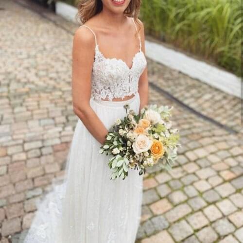 Wedding Dress Two Pieces 2 Spaghetti Strap Bridal Gowns 2021 A-line Sweetheart Sleeveless Lace Appliques Floor Length
