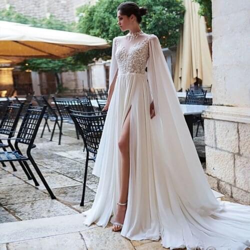 Vintage Wedding Dresses With Cape Muslim High Neck Lace Chiffon Open Back A-Line Chiffon Bridal Gown Sweep Train Side Split
