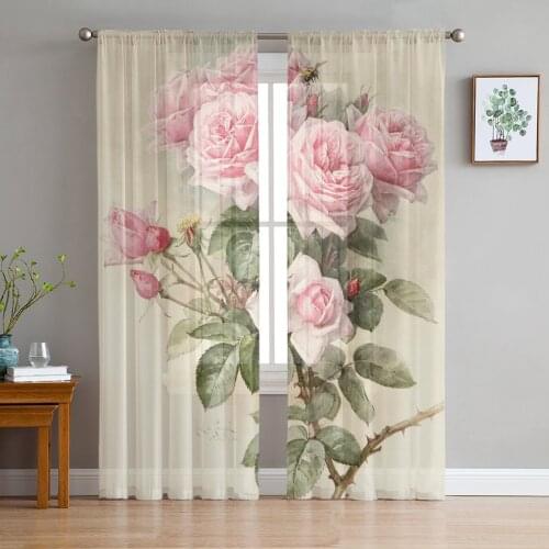 Pink Rose Vintage Tulle Window Curtain for Living Room Modern Sheer Curtain for Bedroom Kitchen Drapes Custom