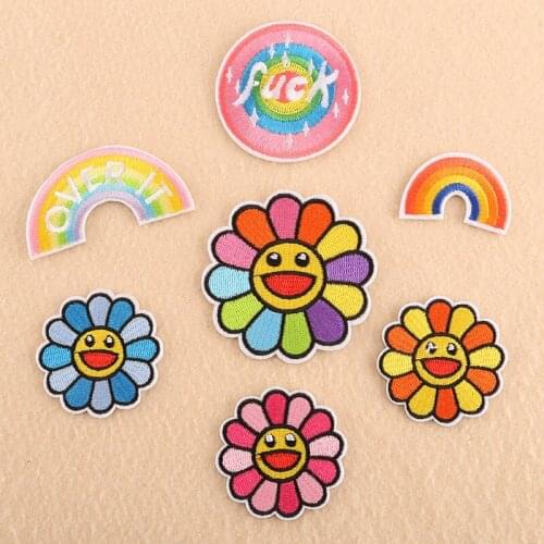 WhatIlife Colorful Cartoon Rainbow Patches Iron On For Clothing Sun Flower Embroidered Bags Shoes Appliques Badges Stickers