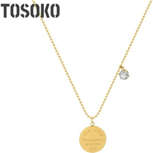 TOSOKO Stainless Steel Jewelry Round Ltter Bead Chain Hanging Zircon Super Flash Pendant Necklace Female Sweet Chain BSP975