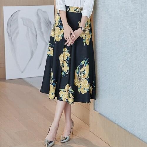 High Fashion Women Oil Paiting Style Flowers Prints Medium Long Skirt Oversized Satin Umbrella Skirt