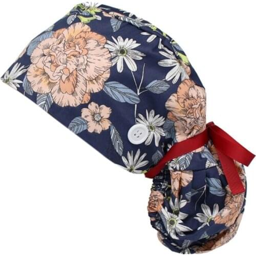 Women Long Hair Adjustable Working Cap with Sweatband Buttons Cartoon Floral Print Ponytail Holder Tie Back Bouffant Hat