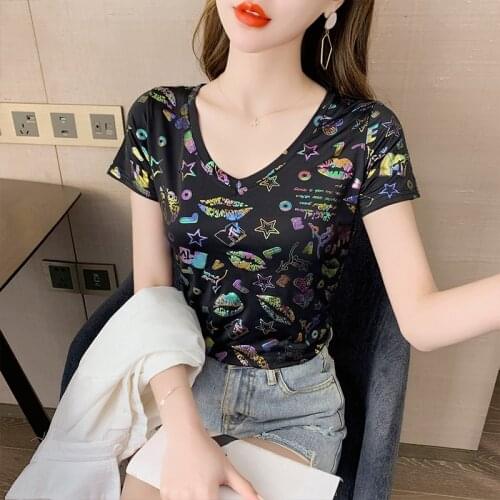 Colorful sparkling t shirt female 2021 summer fashion v neck short sleeve women t shirt european style large size slim tops tee