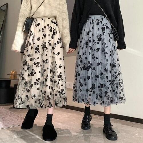 2021 Spring Women Floral Tutu Tulle Mesh Skirts Elastic High Waist Flower Print Overlay Layered A Line Midi Skirt 3 Colors Y308