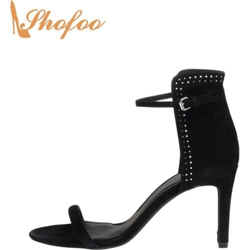 Black Flock Rivets Stiletto Women Sandals High Heels Open Toe Buckle Strap Large Size 15 16 Ladies Summer Fashion Shoes Shofoo