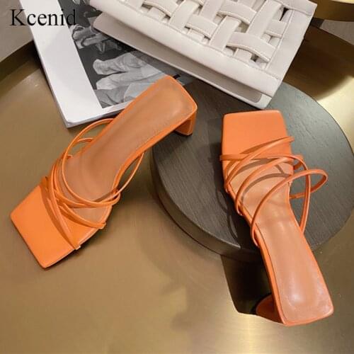 Kcenid Orange square toe slippers women fashion narrow band summer shoes women square heel slides outdoor open toe ladies shoes