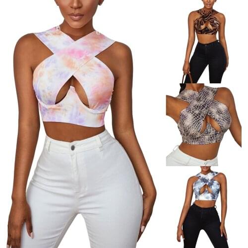 Y2k WomenSummer Close-fitting Sexy Vest Printed Pattern Halter Neck Sleeveless Crop Short Tops Black/ Pink/ Khaki/ Brown