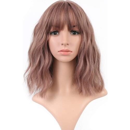 Short Wig With Bangs Bob Curly Wavy Synthetic Purple Cosplay Wig loose wave wig for women Costume Wigs Dark Purple Color