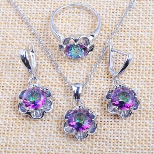 Womens Jewelry Set With Necklace And Earrings Ring Set Silver Color Round Rainbow Zirconia Jewellry Birthday Gifts TZ0369