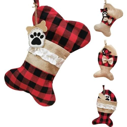 2020 Christmas Stockings Hanging Ornament Cat Dog Plaid Fish Bow Bone Tassels Gift Reusable Bag Gift Holders
