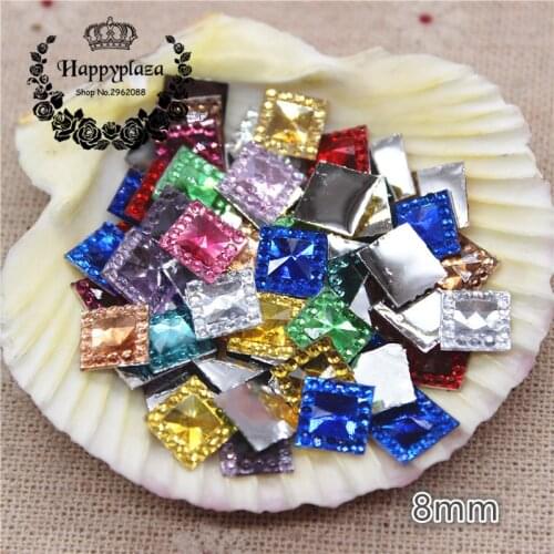 300pcs 8mm Mix Colors Squre Shape Acrylic Rhinestone Flatback Cabochon Art Supply Decoration Charm Craft DIY