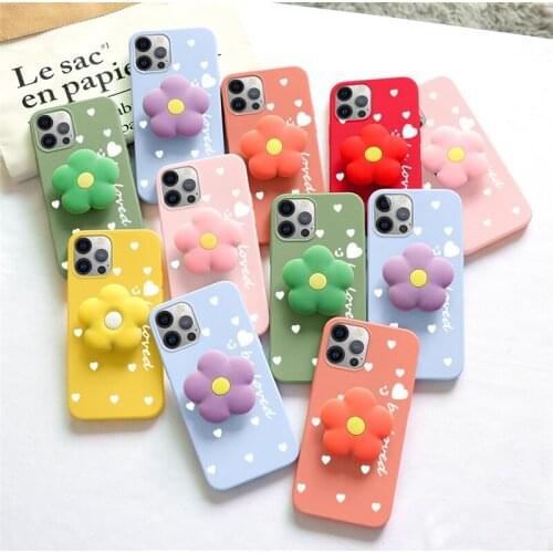 3D Lovely Flower Holder Stand TPU Phone Case For iPhone 12 11 Pro Max X XS XR 6S 7 8 Plus SE 2020 Love Heart Silicone Back Cover