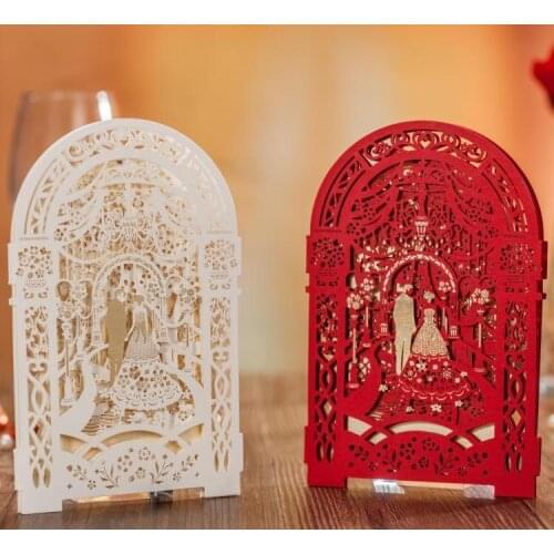 50pcs Wishmade Laser Cut Red Wedding Invitations With Bride & Groom Hollow Floral for Bridal Shower Party supplies, Customized