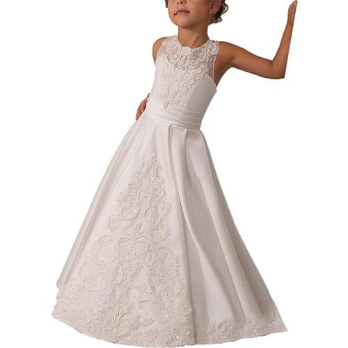 Halter white flower girls dresses for wedding pearls party dresses for girls holy first communion dress long kids ball gowns