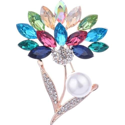 Europe Women Brooches Temperament Multicolor Crystal Birthday Stone with Pearl Cute Brooch Pins For Girl Wedding Coat Pins X2226