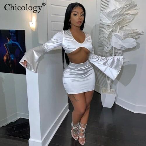 Chicology Satin Flare Long Sleeve 2 Two Piece Matching Set Women Crop Top Skirt 2020 Autumn Winter Birthday Fashion Sexy Clothes