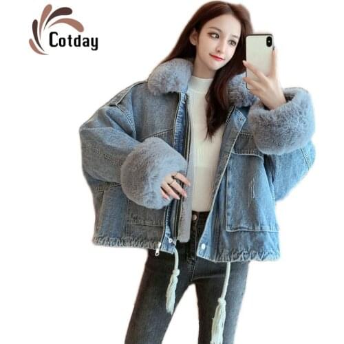 Cotday Denim Coat Big Fur Collar Rabbit Hair Vintage Loose Long Sleeve Winter Women 2021 Promotion Detachable Cotton Jacket