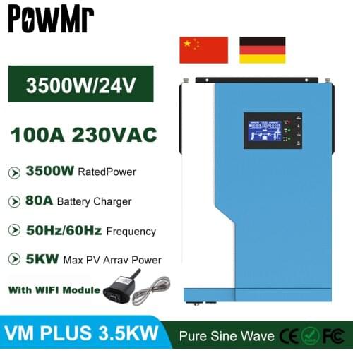PowMr MPPT 100A 3500W 24VDC Hybrid Inverter 230VAC 50Hz/60Hz Off Grid Solar Charger Can Work Without Battery and Support WIFI