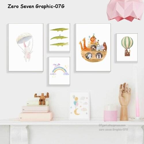 Canvas Painting Print Poster Watercolor Cartoon Forest Animal Hot Air Balloon Lion Rainbow Unicorn For Baby Room Wall Art Decor