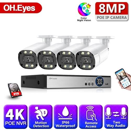 Two Way Audio Color Night Vision POE Monitoring Security Cameras Set 8MP Outdoor CCTV Video Surveillance System 4ch 4K NVR Kit