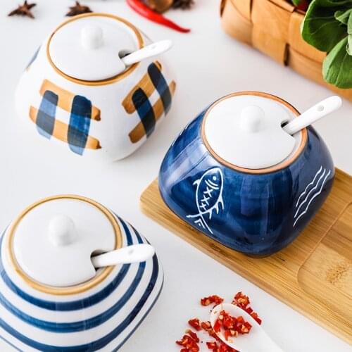 Creative Spice Organizer Nordic Style Ceramic Salt Sugar Bowl Kitchen Seasoning Tank Set with Cover Spoon Kitchen Supplies