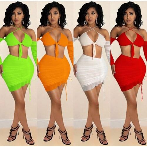 Summer Clothes Sexy Two Piece Set Women Mesh Sheer Nightclub Solid Long Sleeve Top Skirt Suit Elegant Club Outfits Streetwear