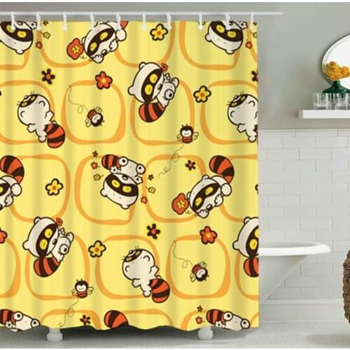 Cute Animals Yellow Shower Curtain Set with 12 Hooks Bathroom Decoration