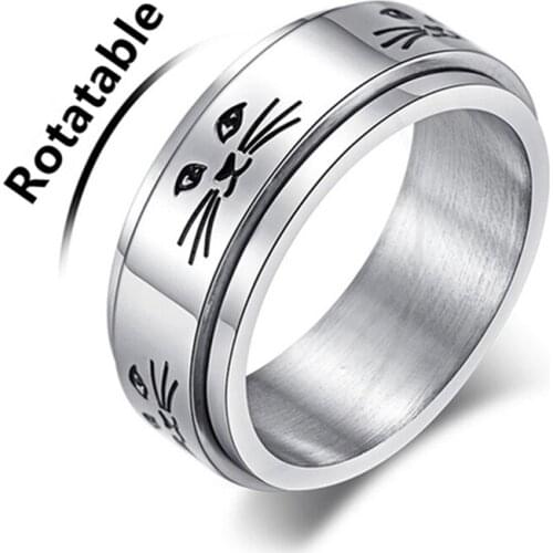 Lovely Cat Kitty Trendy Rings For Women Spinner Rotating Stainless Steel Womens Wedding Ring Box Comfort Fit Band