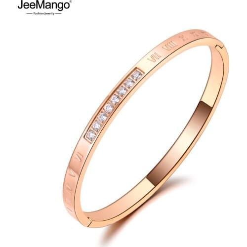 JeeMango Brand Trendy Roman Numerals Find Bangles For Women Stainless Steel Mosaic CZ Crystal Bracelet For Birthday Gift JB20022