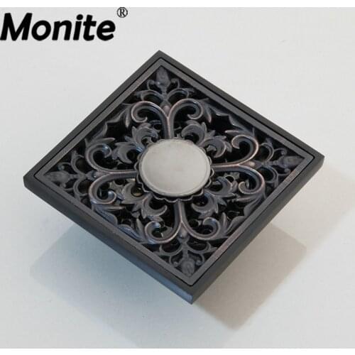 Monite Black ORB Flower Square Carving Floor Waste Grates Bathroom Shower Drain Strainer 4 Inch Drain