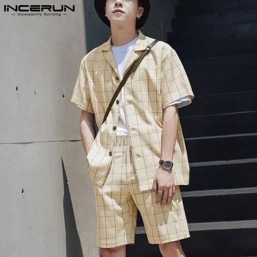 2021 Men Plaid Sets Breathable Streetwear Lapel Short Sleeve Shirt Elastic Waist Shorts Casual Mens Suits 2 Pieces INCERUN 5XL