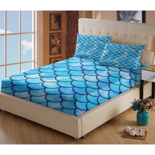 Fish Scale Design Bed Mattress Cover Squama with Blue Color Palette Mermaid Tail Soft Microfiber Deep Pocket Fitted Sheet