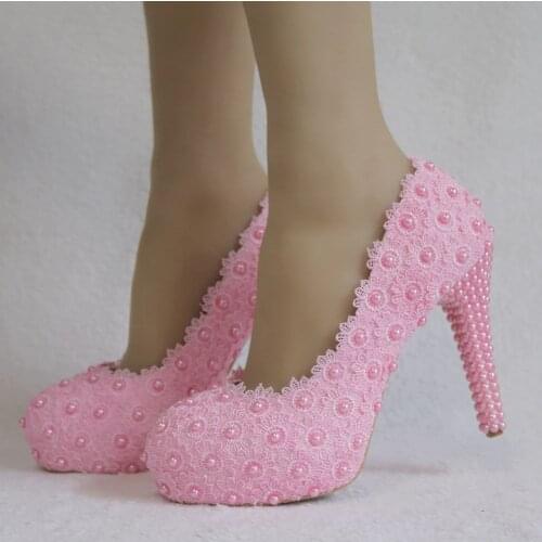 New White Lace Wedding shoes Bride High Platform shoes Sweet Party dress shoes woman beading Pumps Stiletto platform sandals