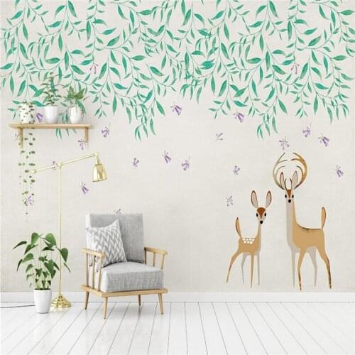 Wallpapers YOUMAN Custom 3d Wallpaper Modern Small Fresh Green Leaf Watercolor Elk 3d Wall Embossed Non-Woven TV Background Wall
