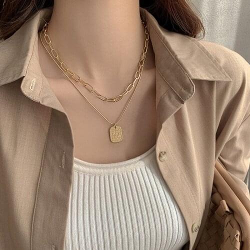 Exaggerated Shining Double Layered Wear Letter Square Sign Pendant Necklace Premium Texture Titanium Steel Clavicle Chain
