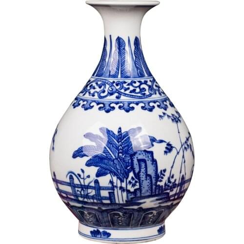 Qing Qianlong year mark handpainted vase Jingdezhen antique blue and white landscape pattern porcelain vase